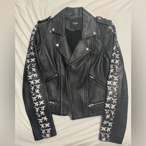 RARE Maje Black Leather Jacket with Print